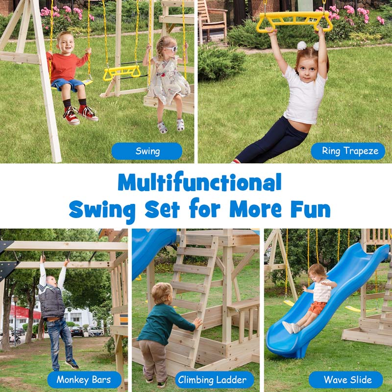 All Solid Fir Wood Swing Set for Kids with Large Upper Deck, Slide & Sandbox, 8-in-1 Outdoor Playset w/Steering Wheel, Play Telescope, Snack Bench
