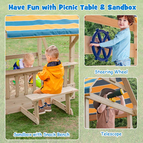 All Solid Fir Wood Swing Set for Kids with Large Upper Deck, Slide & Sandbox, 8-in-1 Outdoor Playset w/Steering Wheel, Play Telescope, Snack Bench