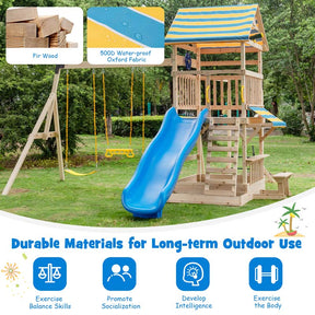 All Solid Fir Wood Swing Set for Kids with Large Upper Deck, Slide & Sandbox, 8-in-1 Outdoor Playset w/Steering Wheel, Play Telescope, Snack Bench