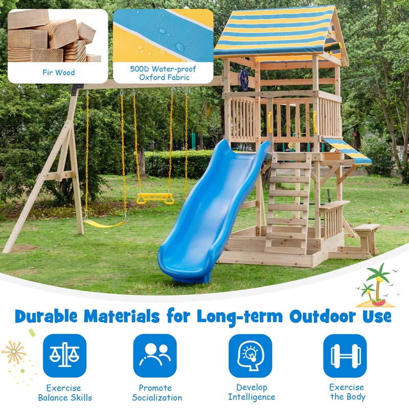 All Solid Fir Wood Swing Set for Kids with Large Upper Deck, Slide & Sandbox, 8-in-1 Outdoor Playset w/Steering Wheel, Play Telescope, Snack Bench