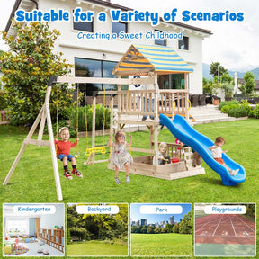 All Solid Fir Wood Swing Set for Kids with Large Upper Deck, Slide & Sandbox, 8-in-1 Outdoor Playset w/Steering Wheel, Play Telescope, Snack Bench