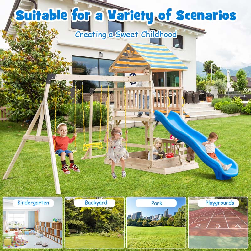 All Solid Fir Wood Swing Set for Kids with Large Upper Deck, Slide & Sandbox, 8-in-1 Outdoor Playset w/Steering Wheel, Play Telescope, Snack Bench