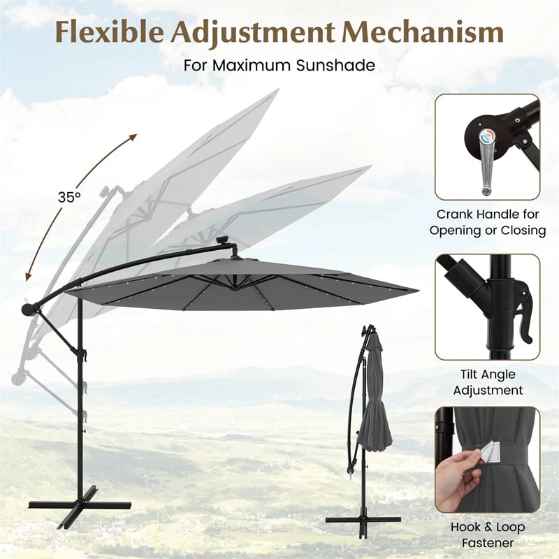 10FT Offset Patio Umbrella with 40 Solar LED Lights & Cross Base, Large Outdoor Cantilever Umbrella for Sun Rain