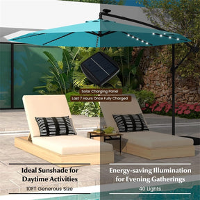 10FT Offset Patio Umbrella with 40 Solar LED Lights & Cross Base, Large Outdoor Cantilever Umbrella for Sun Rain