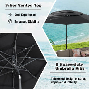 10FT 3 Tier Patio Market Umbrella with Crank & Easy Tilt, Double Vented Outdoor Table Umbrella for Backyard, Poolside, Deck,