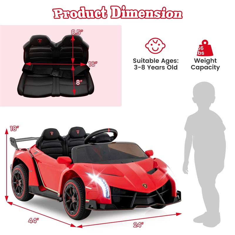 12V Licensed Lamborghini 4WD Kids Ride On Sports Car, Electric Vehicle with Remote Control, 3 Speeds, Hydraulic Doors, LED Lights & Music