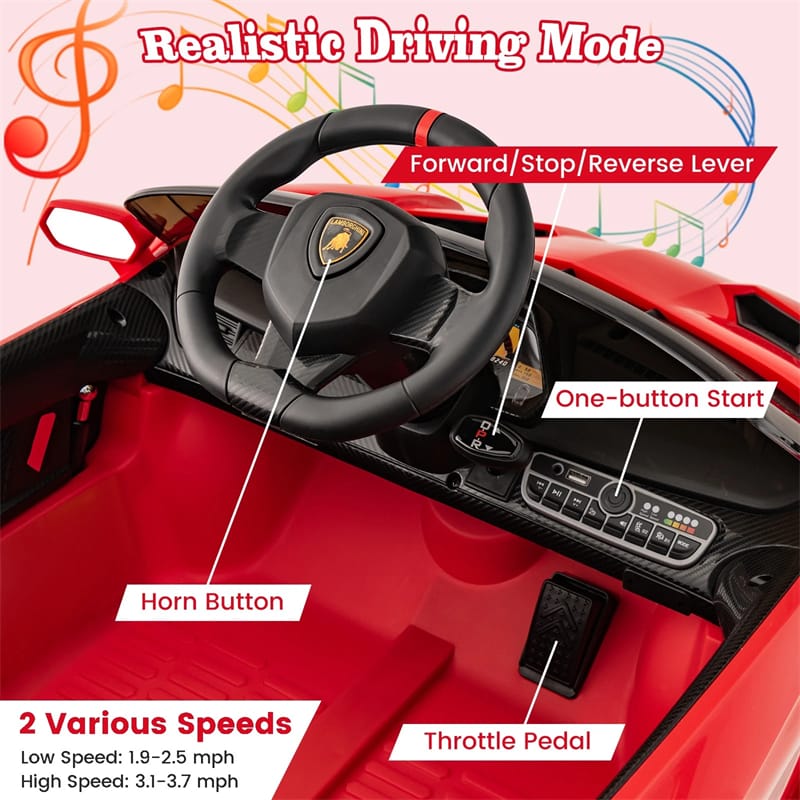 12V Licensed Lamborghini 4WD Kids Ride On Sports Car, Electric Vehicle with Remote Control, 3 Speeds, Hydraulic Doors, LED Lights & Music