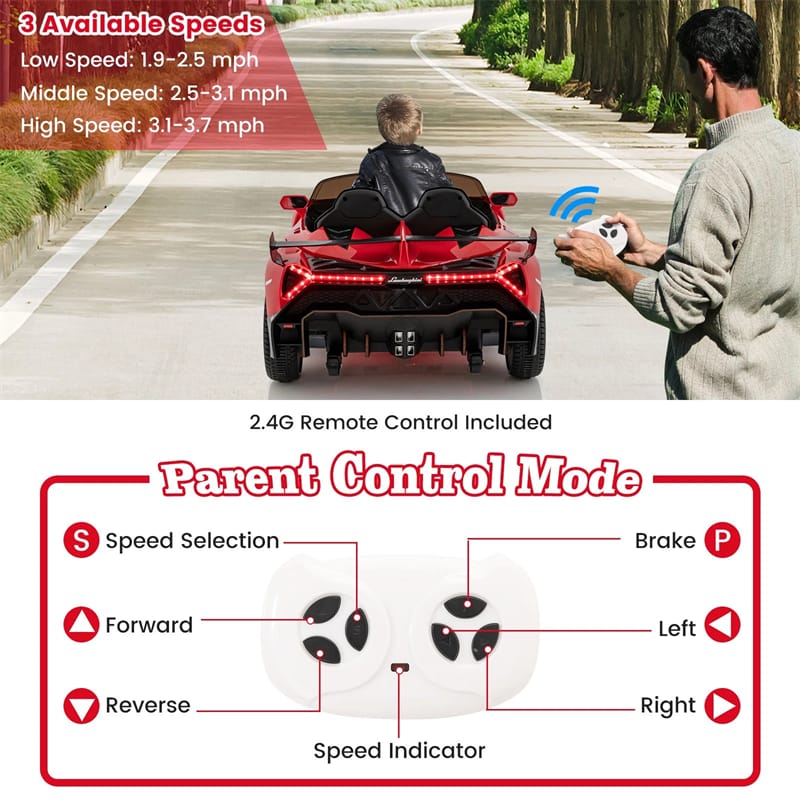 12V Licensed Lamborghini 4WD Kids Ride On Sports Car, Electric Vehicle with Remote Control, 3 Speeds, Hydraulic Doors, LED Lights & Music