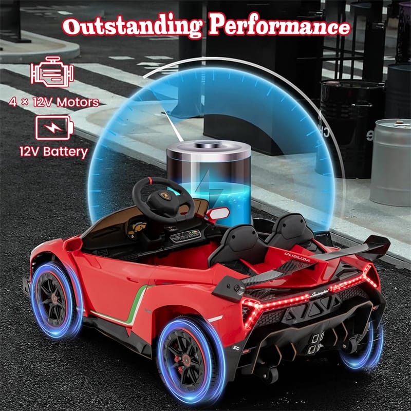 12V Licensed Lamborghini 4WD Kids Ride On Sports Car, Electric Vehicle with Remote Control, 3 Speeds, Hydraulic Doors, LED Lights & Music