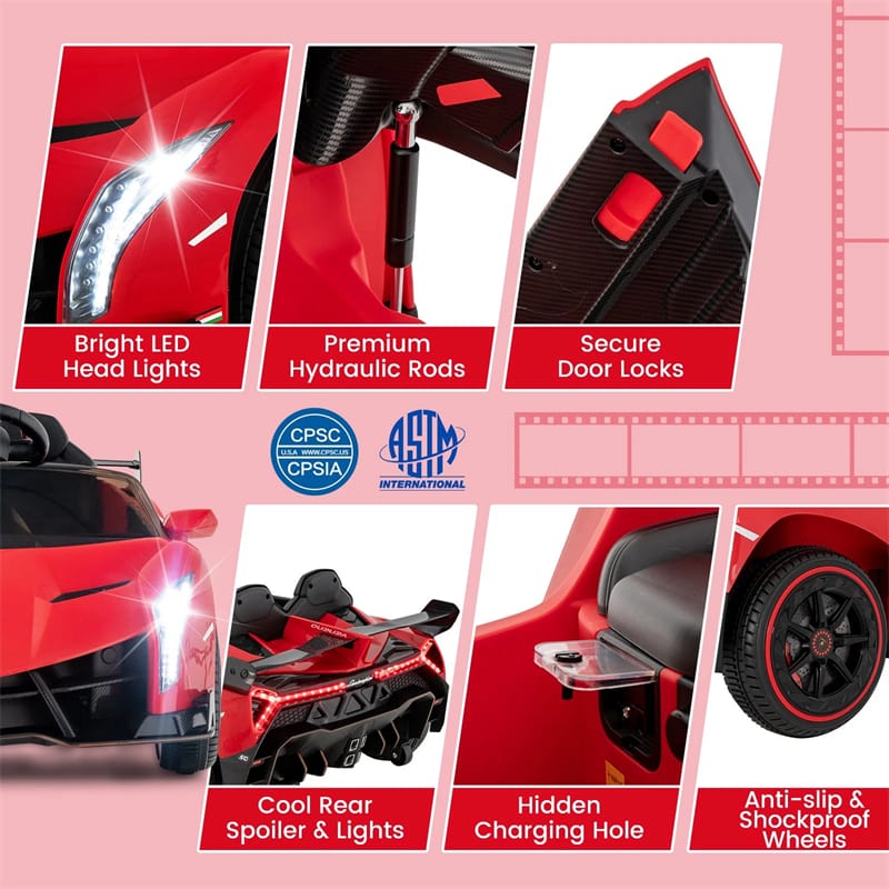 12V Licensed Lamborghini 4WD Kids Ride On Sports Car, Electric Vehicle with Remote Control, 3 Speeds, Hydraulic Doors, LED Lights & Music