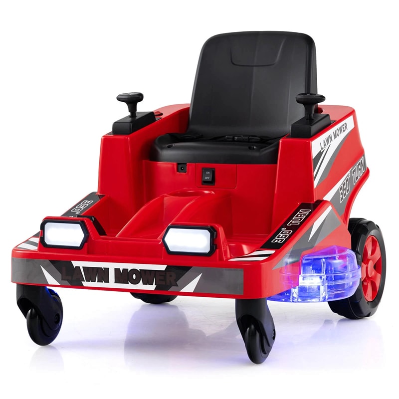12V Kids Ride-On Lawn Mower with 360° Twist & Turn, Dual Control Sticks, LED Lights, Toddler Electric Car Toy for Boys & Girls Aged 3-8