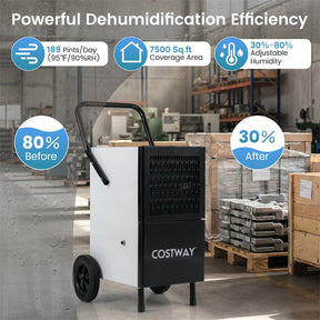 189 Pints Commercial Dehumidifier, 7,500 Sq.Ft Industrial Dehumidifier with Pump, 3.3Ft Drain Hose & Wheels for Basement, Warehouse, Job Sites