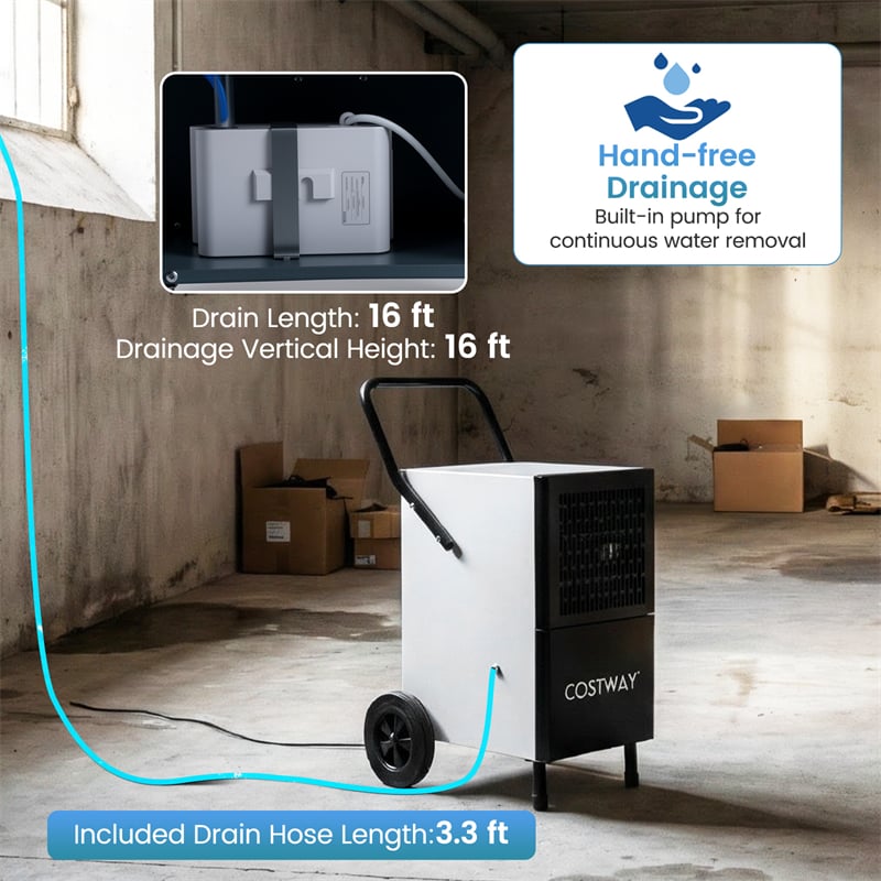 189 Pints Commercial Dehumidifier, 7,500 Sq.Ft Industrial Dehumidifier with Pump, 3.3Ft Drain Hose & Wheels for Basement, Warehouse, Job Sites
