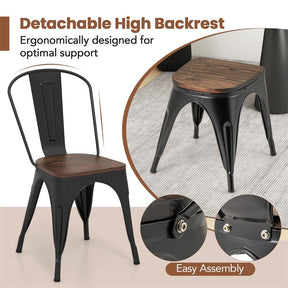 Set of 4 Tolix Style Metal Dining Chairs, 18" Stackable Bistro Cafe Side Chairs with Wood Seat & High Backrest for Home Kitchen Bar Use