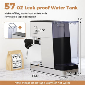 20 Bar Espresso Machine, Compact Stainless Steel Coffee Maker with Milk Frother, 57oz Water Tank & Hot Water for Latte, Cappuccino & Cold Brew