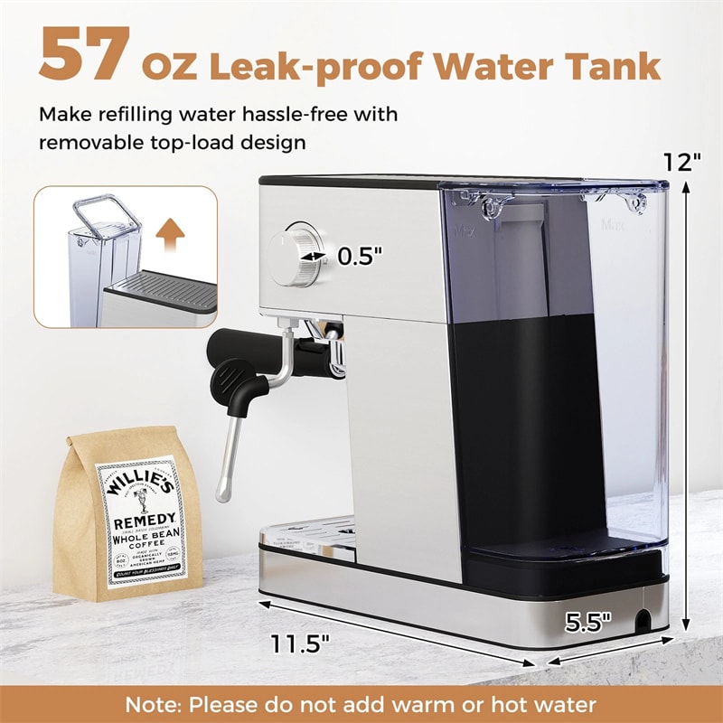 20 Bar Espresso Machine, Compact Stainless Steel Coffee Maker with Milk Frother, 57oz Water Tank & Hot Water for Latte, Cappuccino & Cold Brew