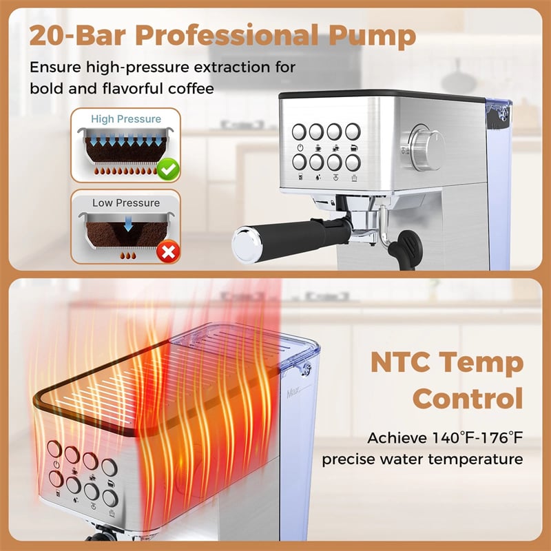 20 Bar Espresso Machine, Compact Stainless Steel Coffee Maker with Milk Frother, 57oz Water Tank & Hot Water for Latte, Cappuccino & Cold Brew