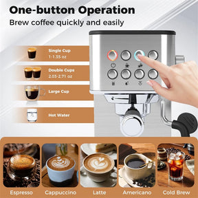20 Bar Espresso Machine, Compact Stainless Steel Coffee Maker with Milk Frother, 57oz Water Tank & Hot Water for Latte, Cappuccino & Cold Brew