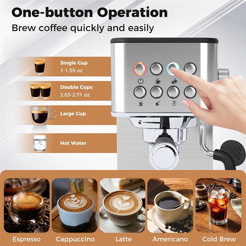 20 Bar Espresso Machine, Compact Stainless Steel Coffee Maker with Milk Frother, 57oz Water Tank & Hot Water for Latte, Cappuccino & Cold Brew