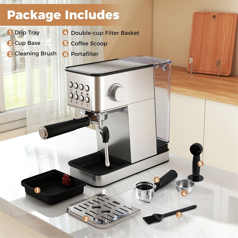 20 Bar Espresso Machine, Compact Stainless Steel Coffee Maker with Milk Frother, 57oz Water Tank & Hot Water for Latte, Cappuccino & Cold Brew