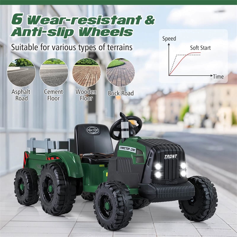 24V Ride On Tractor with Detachable Trailer & Remote Control, Kids Electric Vehicle with 3 Speeds, 15° Climbing & Music for Ages 3+