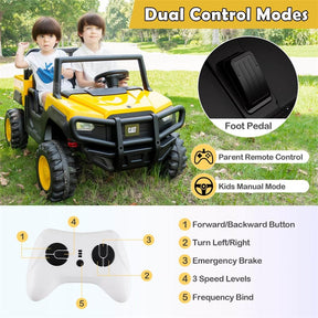 24V 4WD 2-Seater Ride on Dump Truck Licensed Caterpillar Electric Vehicle with Remote Control & Soft Start, Kids Ride On UTV Car with Dump Bed