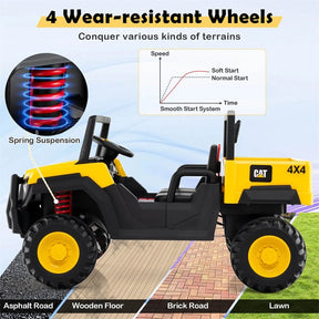 24V 4WD 2-Seater Ride on Dump Truck Licensed Caterpillar Electric Vehicle with Remote Control & Soft Start, Kids Ride On UTV Car with Dump Bed