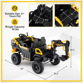 24V 4WD 2-Seater Kids Ride-On Excavator, Electric Construction Truck with Remote Control, Digging Arm & Lights, Battery Powered Toy Car for Ages 3+