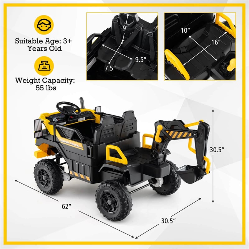 24V 4WD 2-Seater Kids Ride-On Excavator, Electric Construction Truck with Remote Control, Digging Arm & Lights, Battery Powered Toy Car for Ages 3+