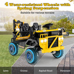24V 4WD 2-Seater Kids Ride-On Excavator, Electric Construction Truck with Remote Control, Digging Arm & Lights, Battery Powered Toy Car for Ages 3+