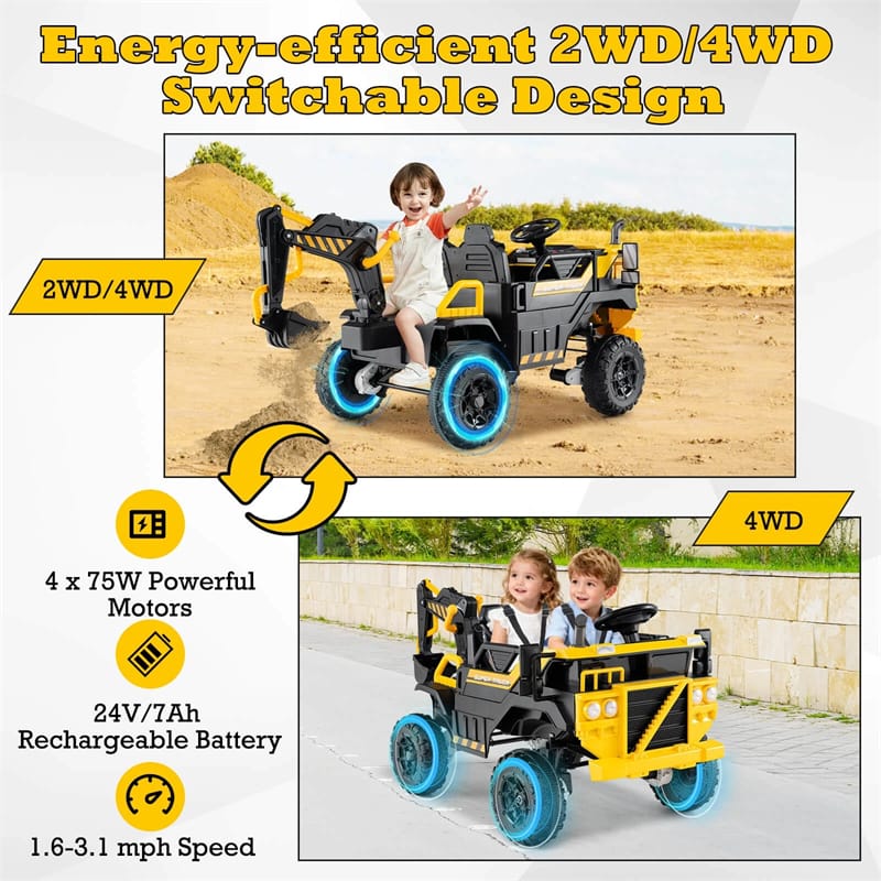 24V 4WD 2-Seater Kids Ride-On Excavator, Electric Construction Truck with Remote Control, Digging Arm & Lights, Battery Powered Toy Car for Ages 3+