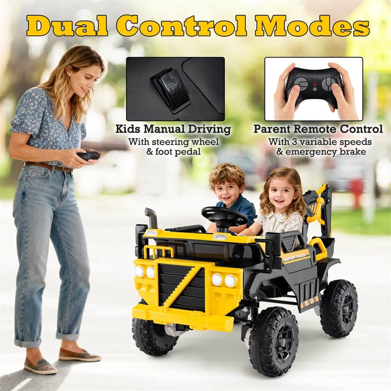 24V 4WD 2-Seater Kids Ride-On Excavator, Electric Construction Truck with Remote Control, Digging Arm & Lights, Battery Powered Toy Car for Ages 3+