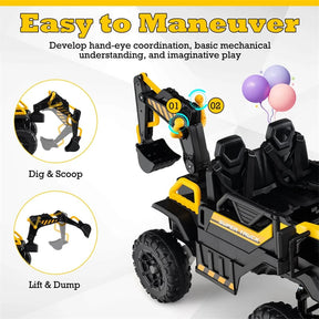24V 4WD 2-Seater Kids Ride-On Excavator, Electric Construction Truck with Remote Control, Digging Arm & Lights, Battery Powered Toy Car for Ages 3+