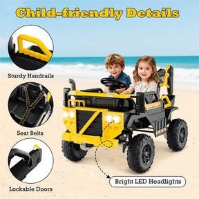 24V 4WD 2-Seater Kids Ride-On Excavator, Electric Construction Truck with Remote Control, Digging Arm & Lights, Battery Powered Toy Car for Ages 3+