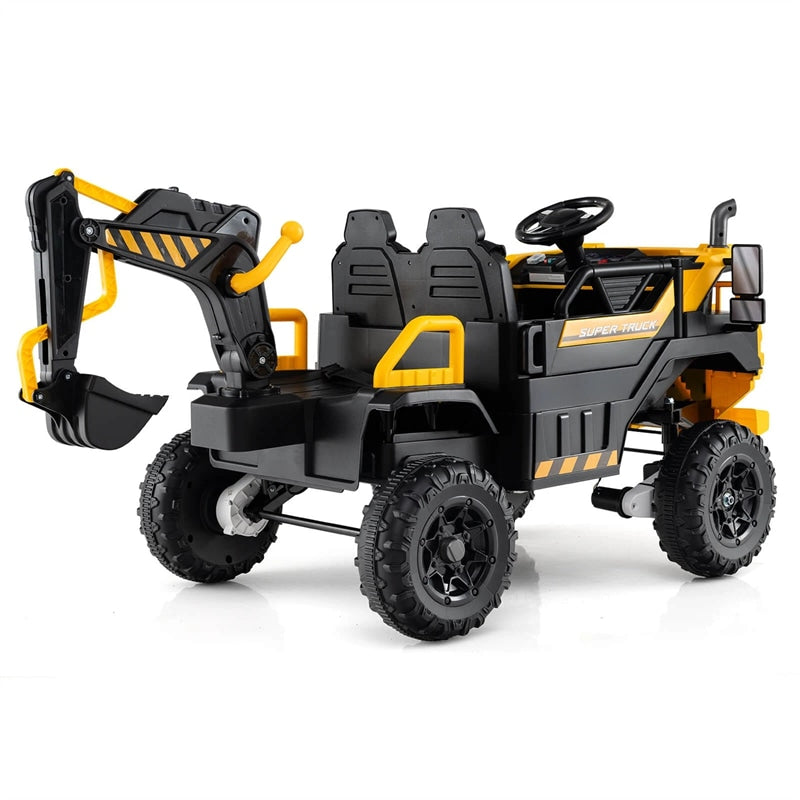 24V 4WD 2-Seater Kids Ride-On Excavator, Electric Construction Truck with Remote Control, Digging Arm & Lights, Battery Powered Toy Car for Ages 3+
