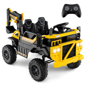 24V 4WD 2-Seater Kids Ride-On Excavator, Electric Construction Truck with Remote Control, Digging Arm & Lights, Battery Powered Toy Car for Ages 3+