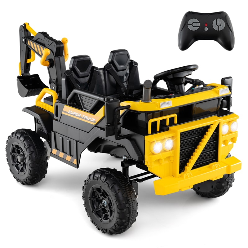 24V 4WD 2-Seater Kids Ride-On Excavator, Electric Construction Truck with Remote Control, Digging Arm & Lights, Battery Powered Toy Car for Ages 3+