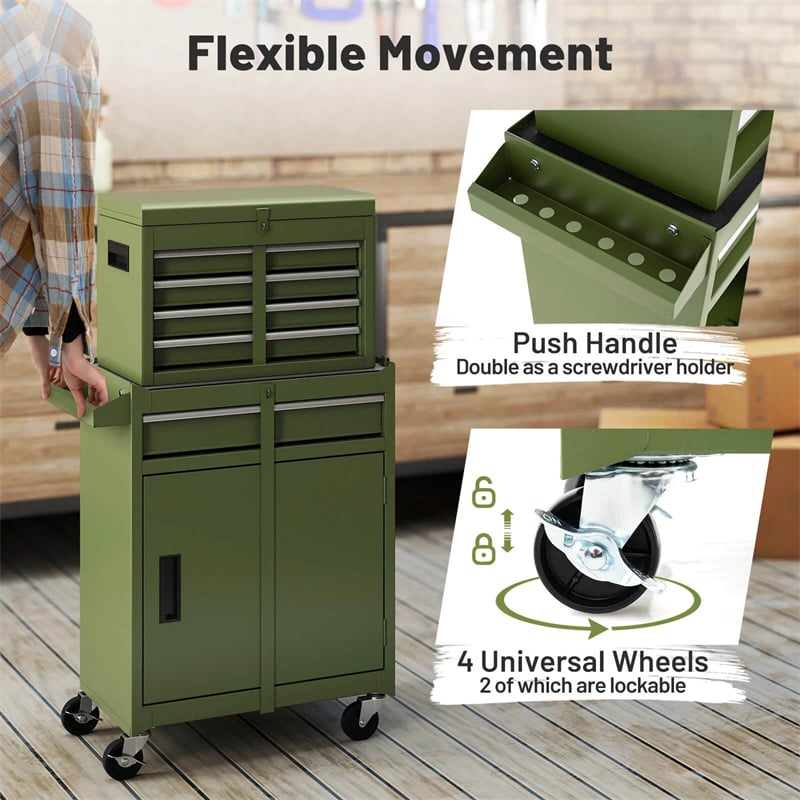 2-in-1 Rolling Tool Chest, 5-Drawer Tool Storage Cabinet with Wheels, Adjustable Shelf, Tool Box Organizer for Garage Warehouse Workshop
