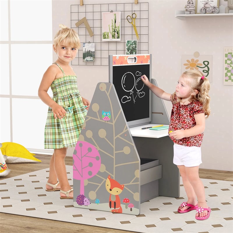 3-in-1 Kids Art Easel with Chair, Wooden Toddler Easel Table & Chair Set w/ Double-Sided Magnetic Whiteboard & Chalkboard, Bookshelf, Storage