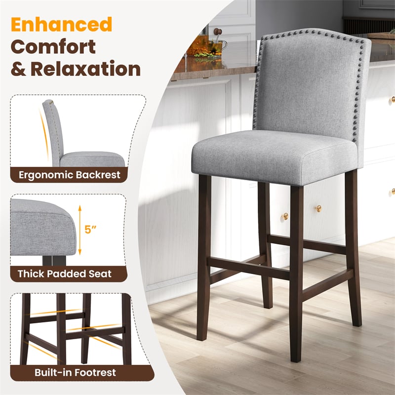 30" Modern Bar Stools Set of 2, Linen Fabric Bar Height Upholstered Chairs with Back, Nailhead Trim & Solid Rubber Wood Legs for Kitchen Island, Pub