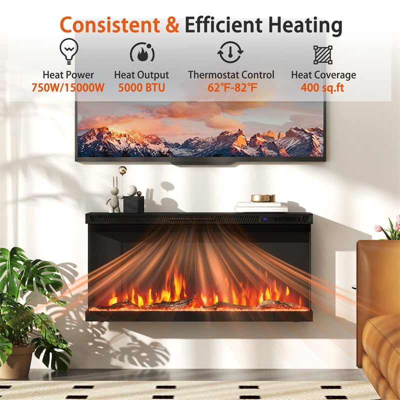 36-60 Inch Recessed 3-Sided Electric Fireplace Insert, 1200W Fireplace Heater with 12 Flame Colors, Remote Control, 5 Brightness & 8H Timer