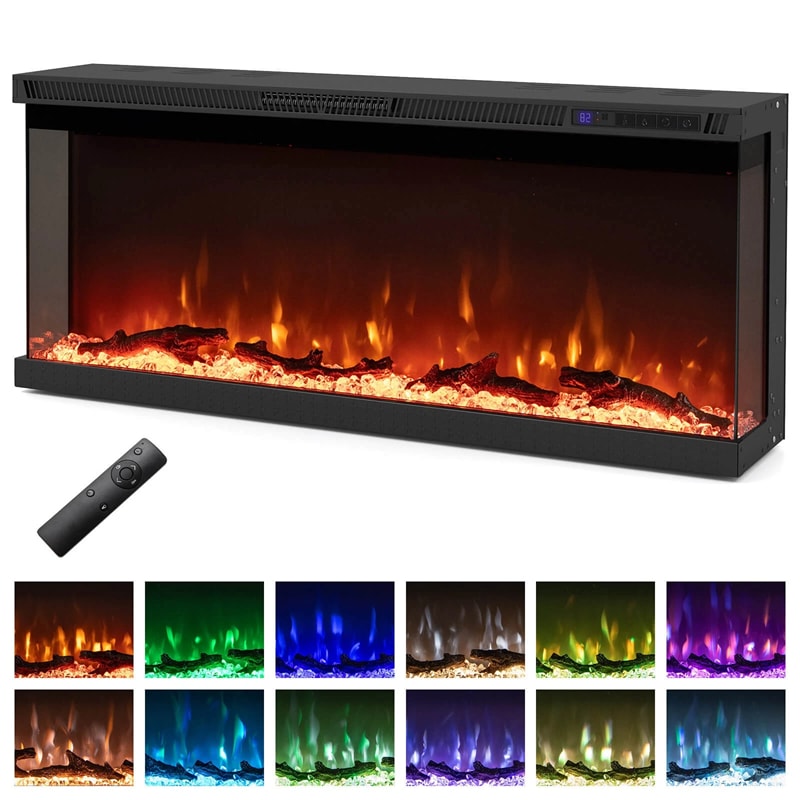 36-60 Inch Recessed 3-Sided Electric Fireplace Insert, 1200W Fireplace Heater with 12 Flame Colors, Remote Control, 5 Brightness & 8H Timer