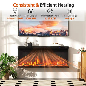 36-60 Inch Recessed 3-Sided Electric Fireplace Insert, 1200W Fireplace Heater with 12 Flame Colors, Remote Control, 5 Brightness & 8H Timer