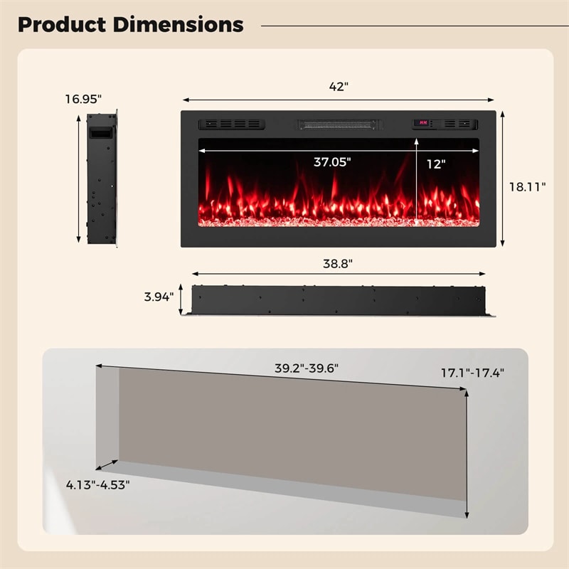 36-68" Smart WiFi Electric Fireplace, Recessed/Wall Mounted Fireplace Heater, 12 Flame & Ember Bed Colors, Alexa/Google Assistant, 12H Timer