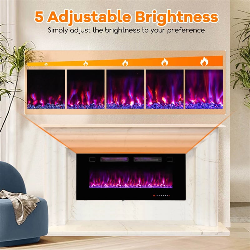 42-72" Smart WiFi Electric Fireplace Heater, Ultra-Thin Recessed & Wall Mounted with Adjustable 12 Flame Color, Remote/APP Control, 12H Timer