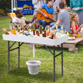 4FT Folding Ice Cooler Table with Drain, Bucket & Removable Skirt, Portable Fill and Chill Table for Food Drink, Camping Party BBQ, No Assembly