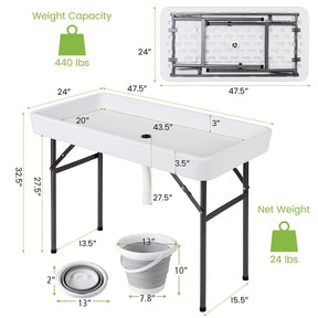 4FT Folding Ice Cooler Table with Drain, Bucket & Removable Skirt, Portable Fill and Chill Table for Food Drink, Camping Party BBQ, No Assembly