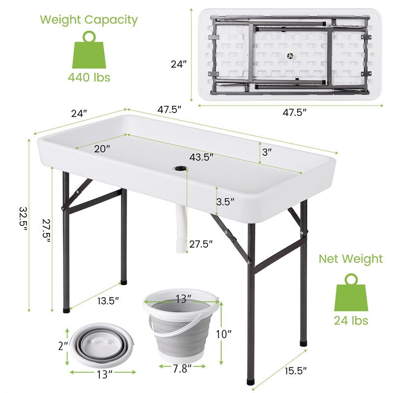 4FT Folding Ice Cooler Table with Drain, Bucket & Removable Skirt, Portable Fill and Chill Table for Food Drink, Camping Party BBQ, No Assembly