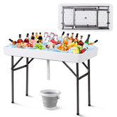 4FT Folding Ice Cooler Table with Drain, Bucket & Removable Skirt, Portable Fill and Chill Table for Food Drink, Camping Party BBQ, No Assembly