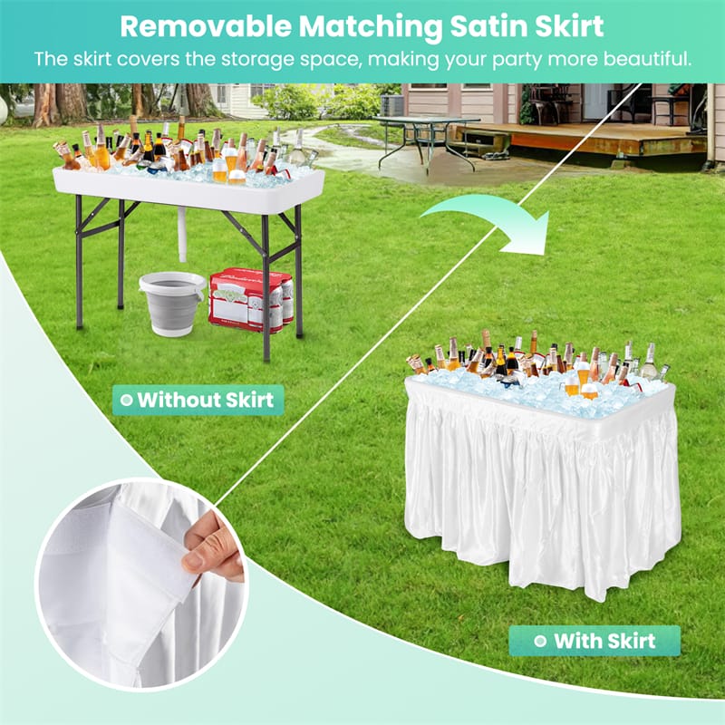 4FT Folding Ice Cooler Table with Drain, Bucket & Removable Skirt, Portable Fill and Chill Table for Food Drink, Camping Party BBQ, No Assembly